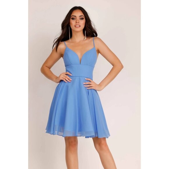 Luccli Lu Periwinkle Elegant Blue Halter Dress With Scarf & Flared Skirt - Picture 1 of 6